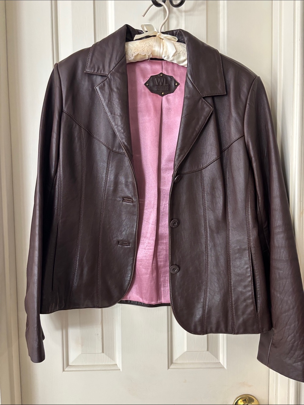 Wilsons Leather Dark Brown Leather Blazer Jacket with Pink Lining